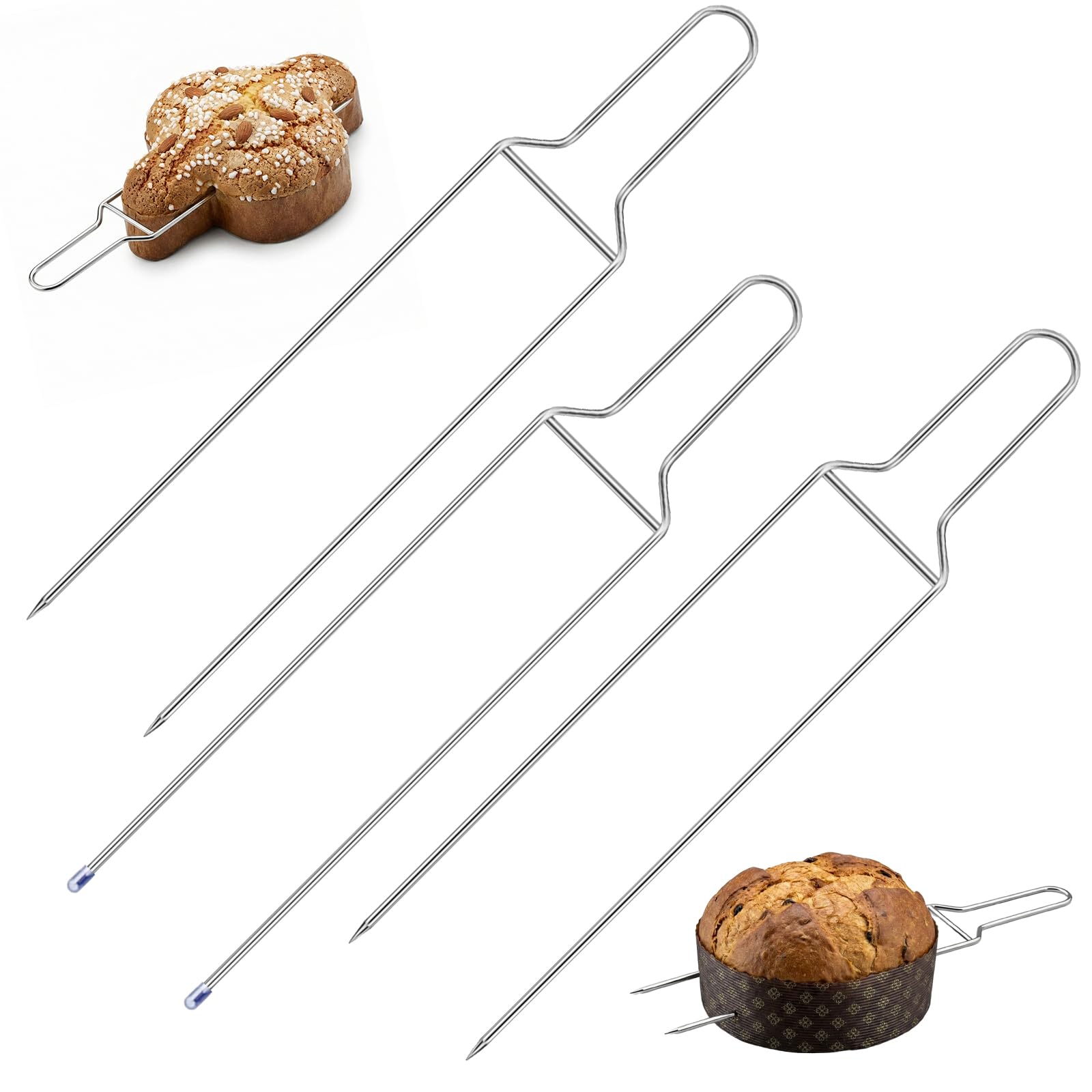 Hotop 3 Pezzi Spillone per Panettone Colomba Pasquale 1.5 kg 40 cm Acciaio Inox Forchetta di Raffreddamento Capovolt Anti-Cedimento Aghi per Lievitati Facile da Usare Casa e Pasticceria