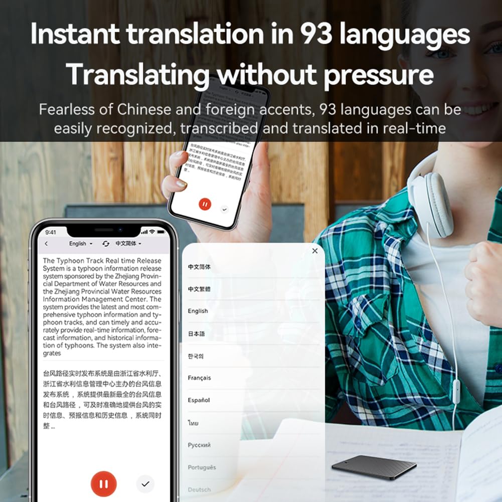 dyktafon AI, narzędzie do transkrypcji i tłumaczenia w czasie rzeczywistym, ładowane urządzenie do notatek AI do użytku biurowego - 64 GB