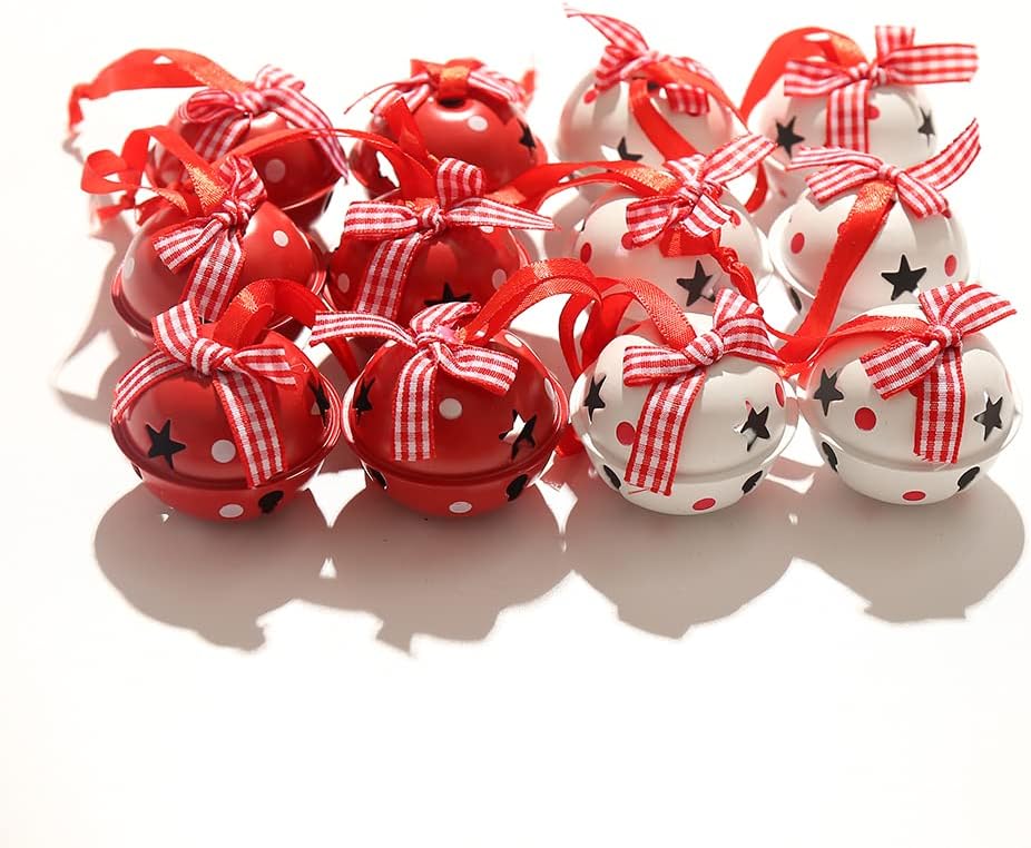 Christmas Jingle Bells 12 Pcs Craft Bells with Snowflake for Tree Wreath Ornaments Holiday DIY Decorations (White&red)