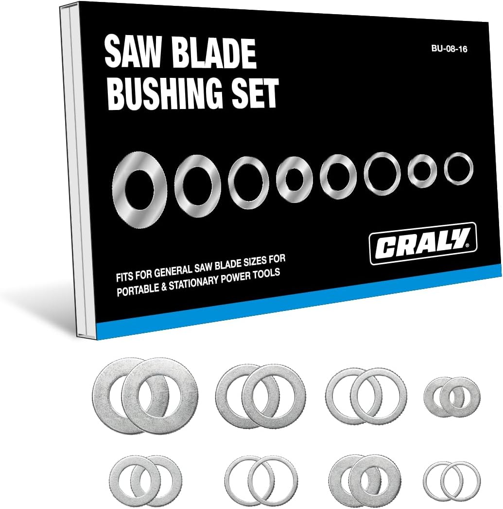 CRALY Saw Blade Bushing Set, Arbor Adapter Kit, Reduction Ring Combo, 30mm-5/8'', 20mm-5/8'', 7/8''-5/8'', 20mm-1/2'', 1''-5/8'', 20mm-10mm, 5/8''-3/8'', 5/8''-1/2'', 16-Pack(BU-08-16)
