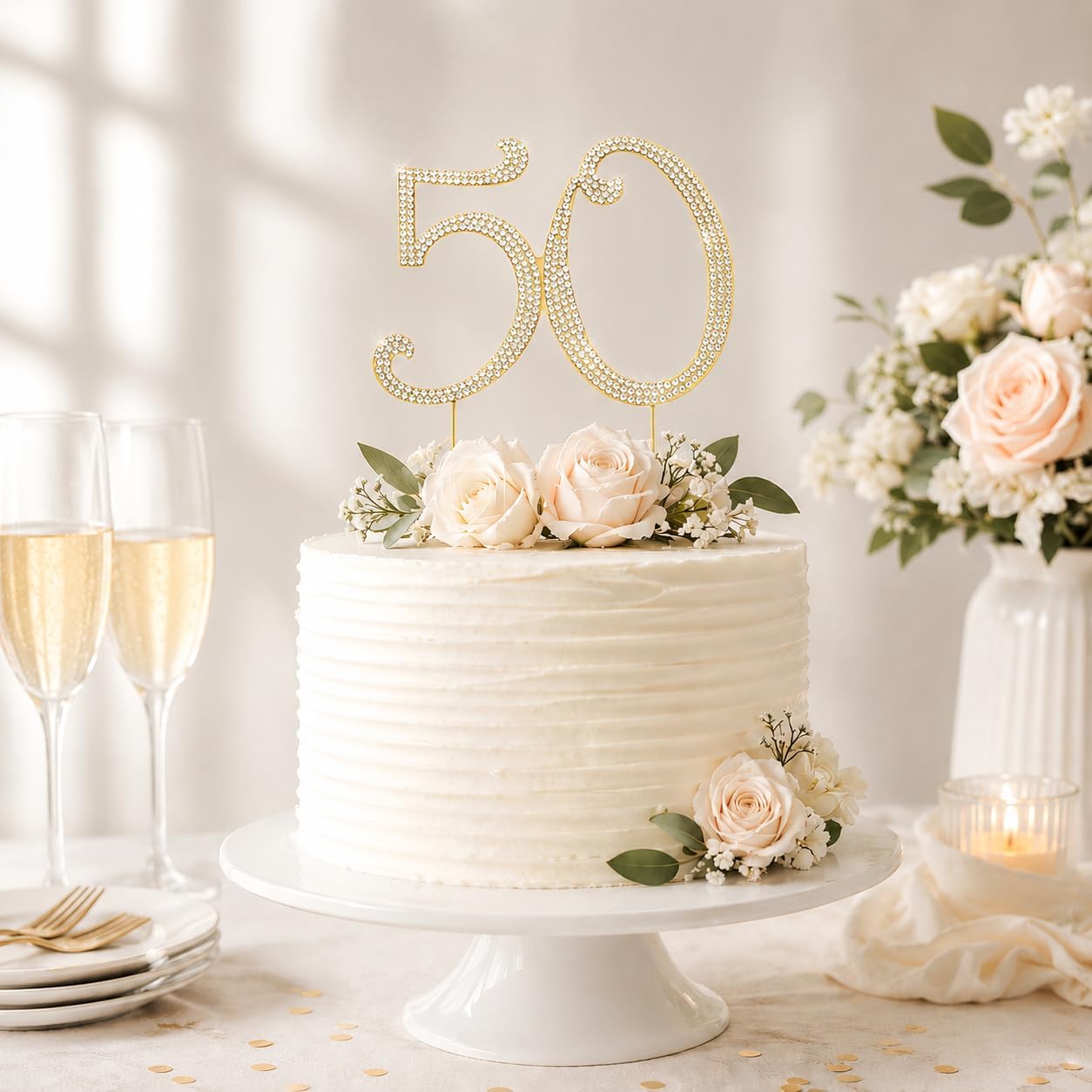 50 Cake Topper - Premium Gold Metal - 50th Birthday or Golden Anniversary Party Sparkly Rhinestone Decoration Makes a Great Centerpiece - Now Protected in a Box