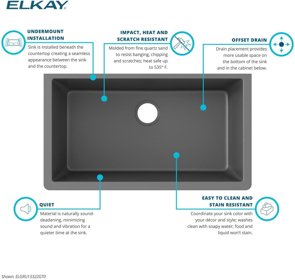 Elkay ELGRU13322GT0 Quartz Classic 33" x 18-7/16" x 9-7/16" Single Bowl Undermount Sink, Graphite