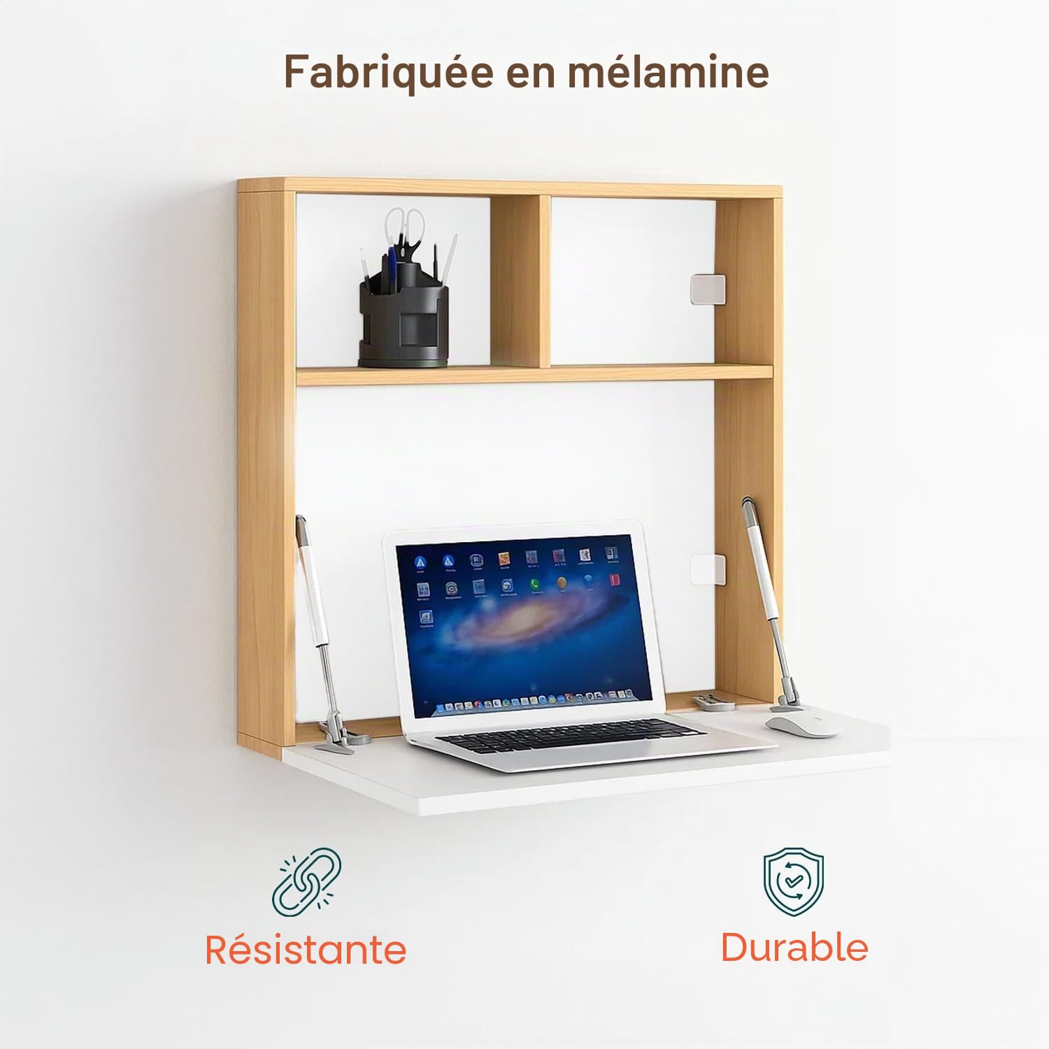 Wintem - Bureau Mural Pliable avec étagères de Rangement, Design Peu encombrant pour la Maison et Le Bureau, Facile à Plier, idéal comme Bureau Mural Moderne et Fonctionnel