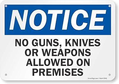 SmartSign 7 x 10 inch “Notice - No Guns, Knives Or Weapons Allowed On Premises†OSHA Sign, 55 mil HDPE Plastic, Blue, Black and White
