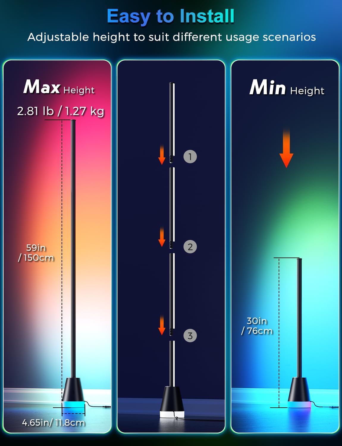 RGB Floor Lamp, Smart LED Corner Lamp for Living Room Bedroom, 16 Million DIY Colors Standing Lamp with Music Sync App & Remote Control, Cool Modern Mood Light Ambient Lighting, Black - Image 7