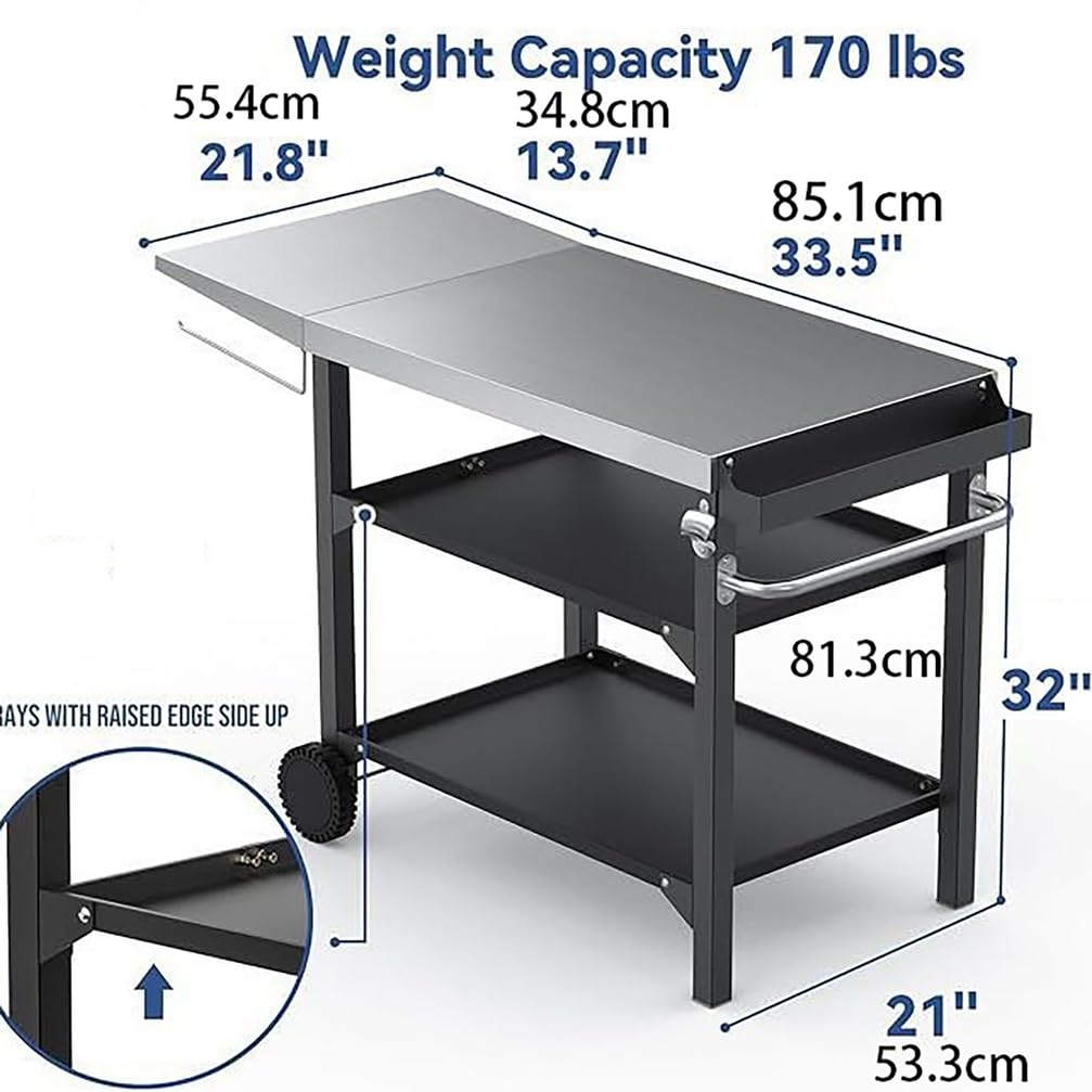 Tavolo da Pranzo da Esterno Portatile da 80Cm su Ruote Carrello per Barbecue in Acciaio Inossidabile A Tre Ripiani Tavoli Multifunzionali Preparazione dei Cibi,Argento