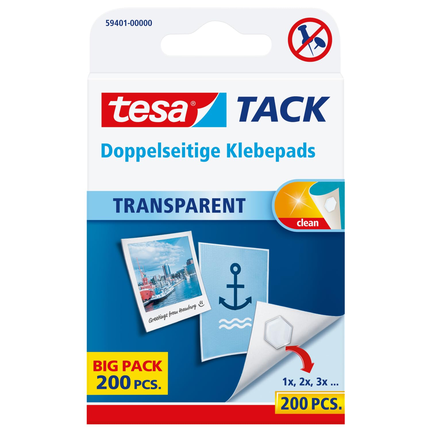 tesa doppelseitige Klebepads TACK/Transparente Klebestreifen zum Aufhängen an Wänden, Fenstern und Spiegeln / 1 x 200 Pads