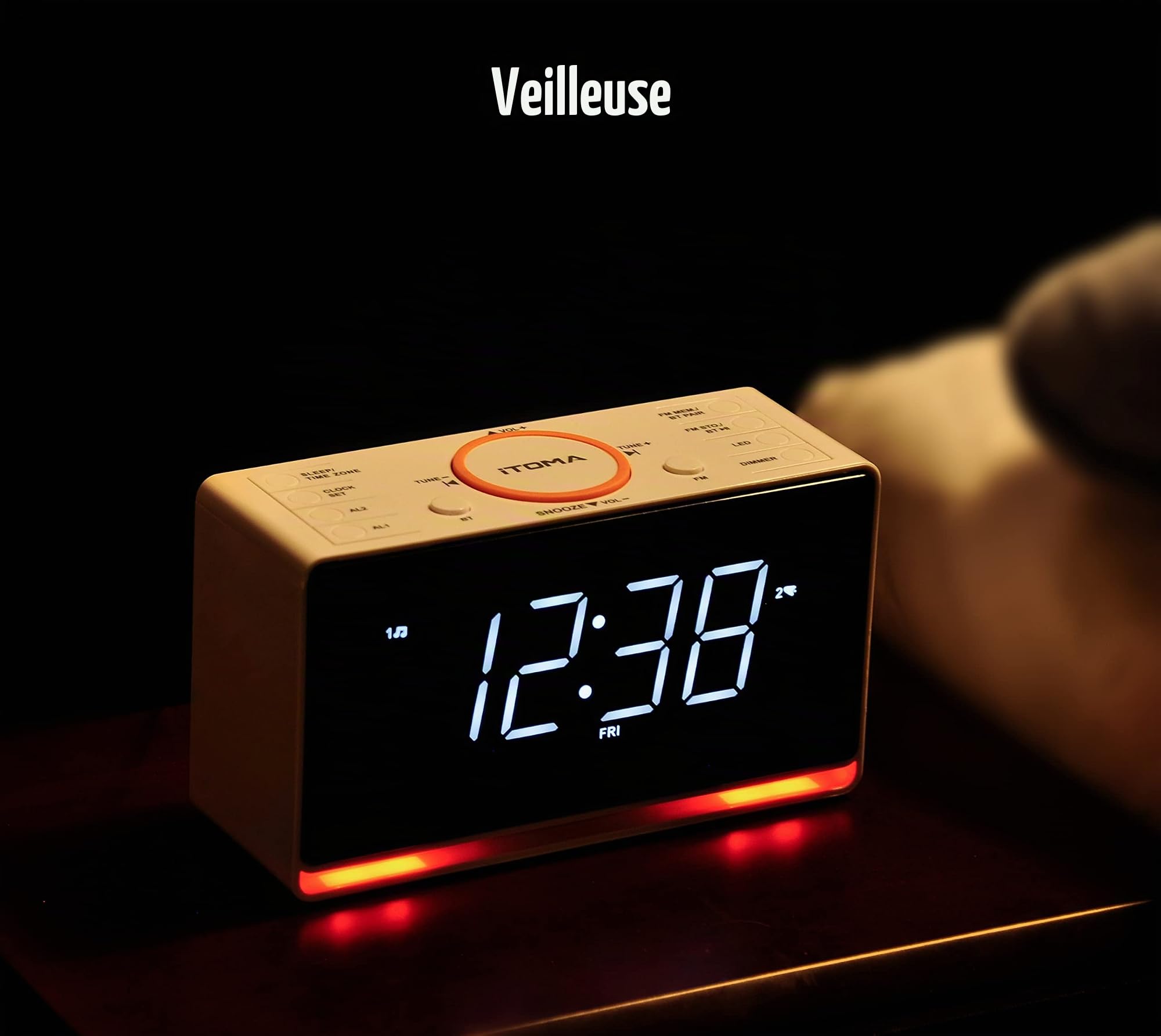iTOMA Radio-réveil, Affichage LED Blanc 1,4" avec Bluetooth, FM Radio, Double Alarme, Minuterie de Mise en Veille, Répétition, Gradateur Automatique et Manuel, Chargeur USB et Veilleuse CKS718