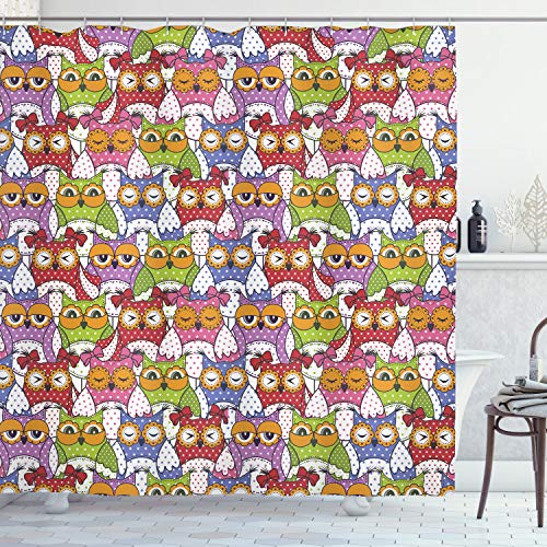 ABAKUHAUS Búho Cortina de Baño, Adornado búho de los Lunares, Material Resistente al Agua Durable Estampa Digital, 175 x 200 cm, Multicolor