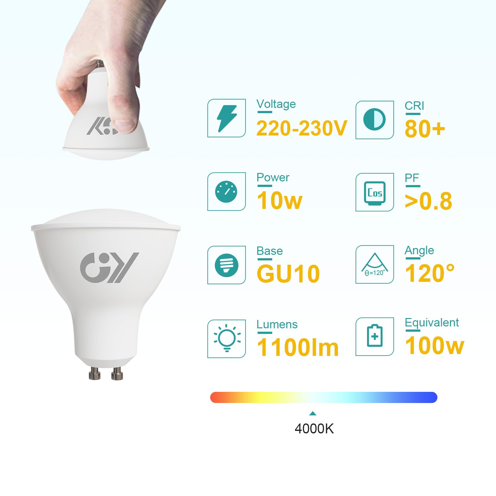 GY 12 bombillas LED GU10, 10 vatios (equivalente a 100 vatios), 1100 lúmenes, 4000K blanco neutro, se pueden usar para iluminación de inundación amplia integrada, listada en CE, No regulable
