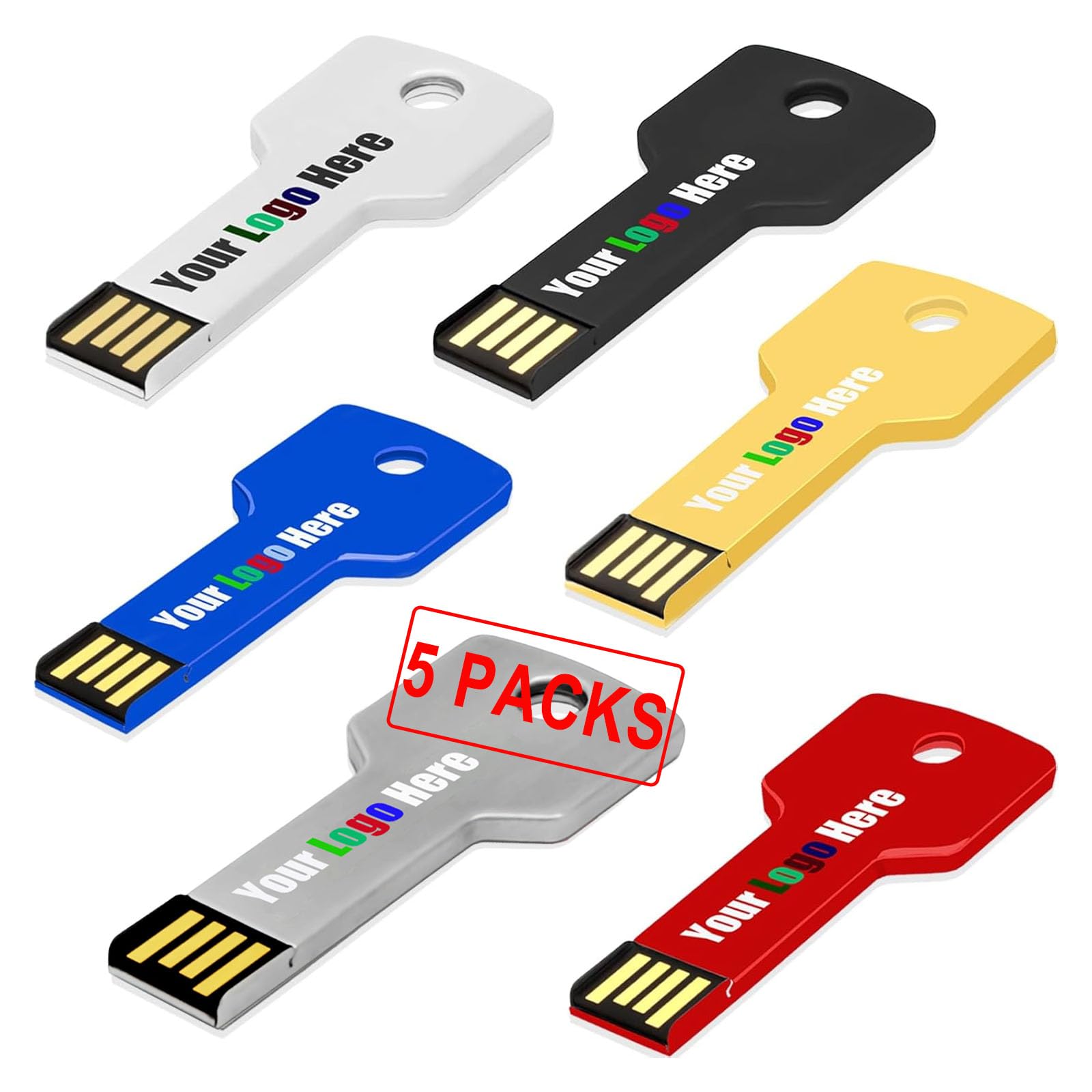 Custom USB Flash Drive 2GB 5 Pack Customized Thumb Drive, Customizable USB Drive Logo Print Key Shape, Branding with TATMOHIK Personalized USB Stick, 5Pcs Multiple Colors