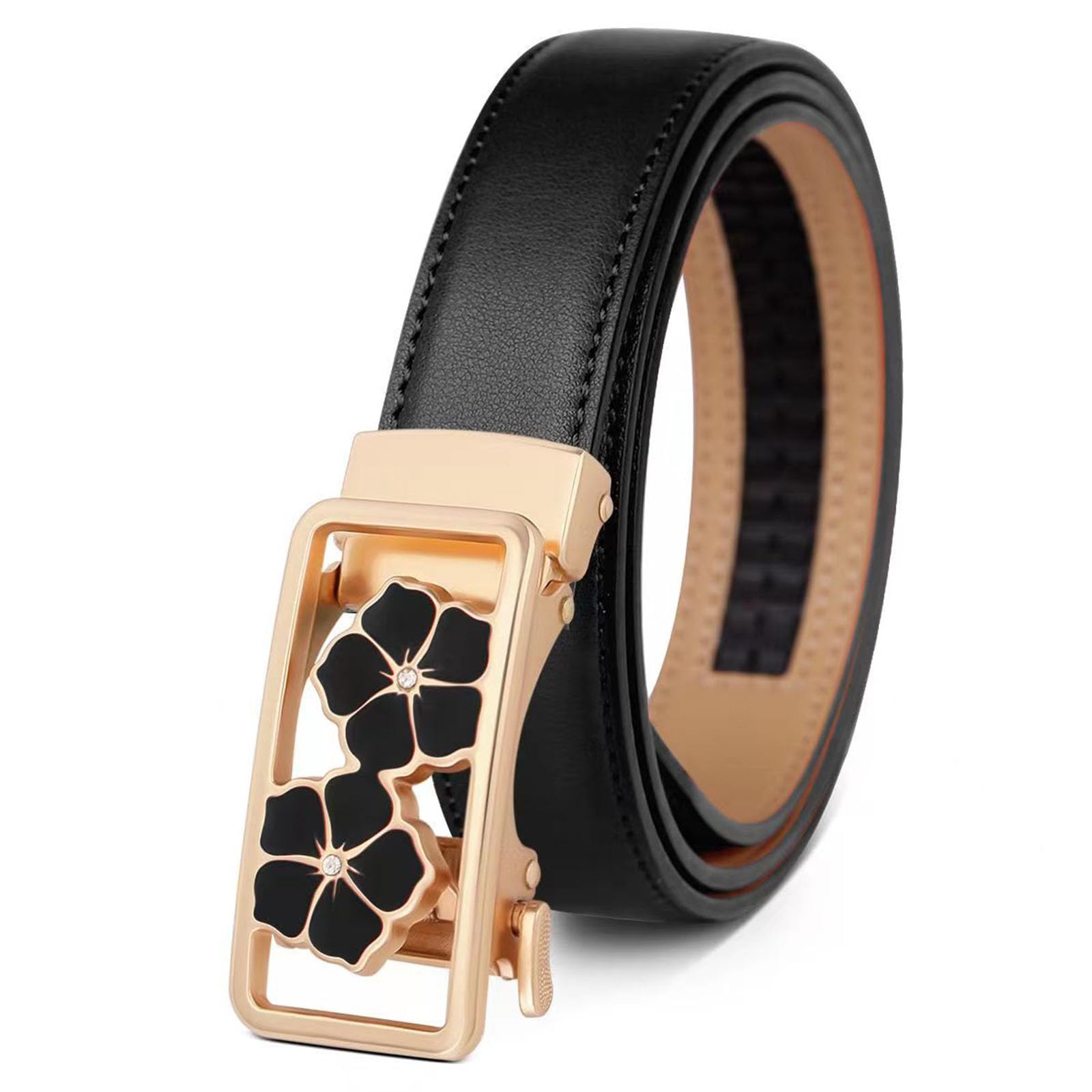 Jiary Unisex Black ,115Cm/45.3'',Women's Ratchet Belt, Adjustable Cowhide Fashion Belt With Automatic Alloy Buckle With Flower Pattern