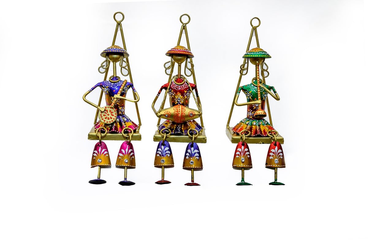 Suncity Creation Metal Multicolor Rajasthani Hanging Dolls Musician Set of 3 | Home/Office Décor (Pack of 3)