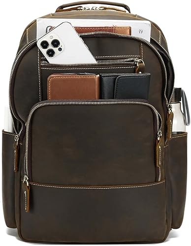 Miniatura 7 de Mochila De Cuero Genuino De Grano Completo Para Hombres, 16" Mochila Portátil Para Viajes De Negocios 32L - Marrón