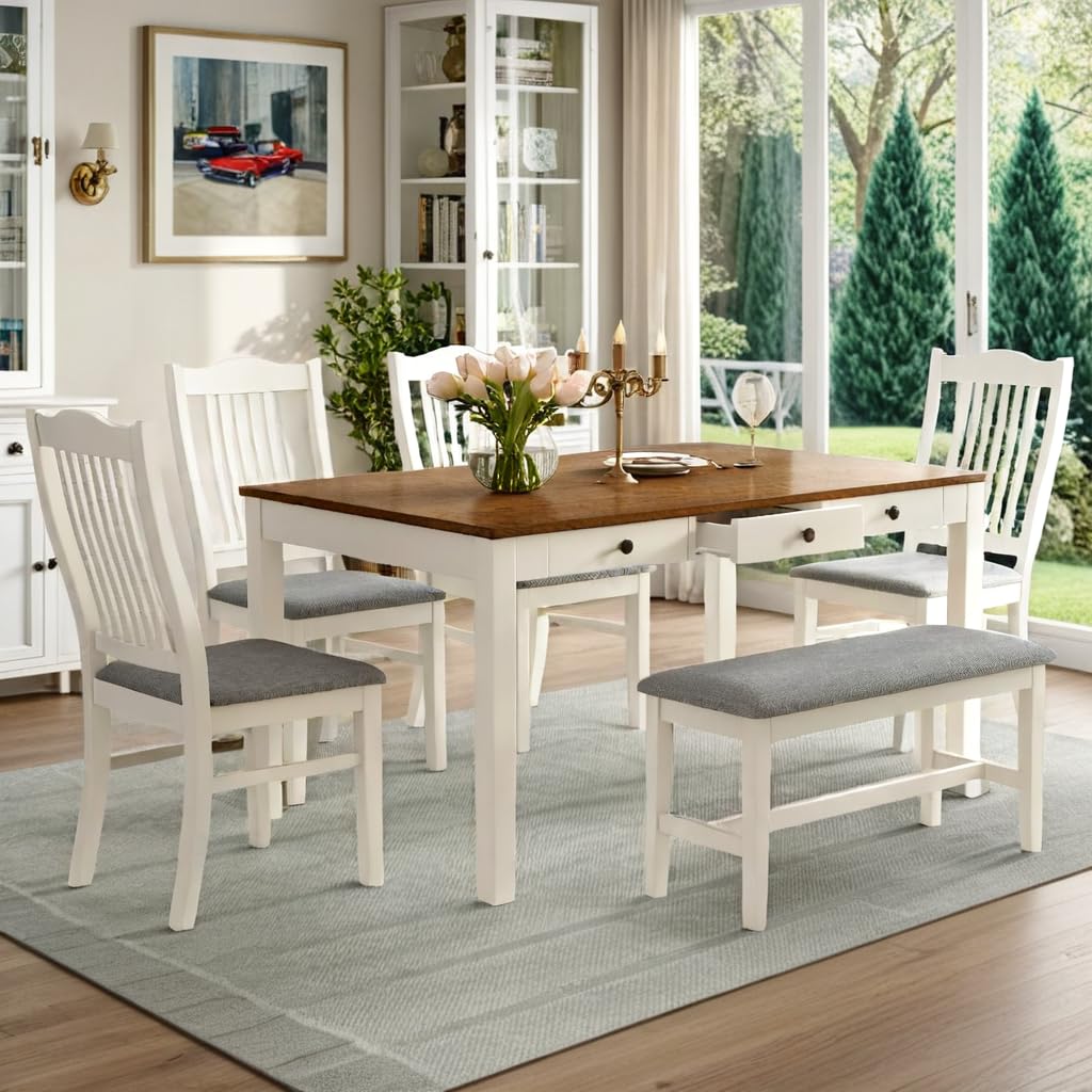 LUMISOL 6-Piece Dining Table Set with Bench and Storage Drawers