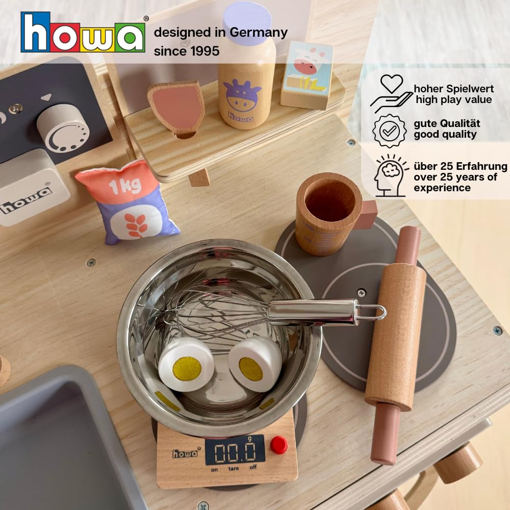 howa Backset für Kinder 19 teilig - Spielküche Zubehör, Kinderküche Zubehör Holz mit Waage, Schüssel, Schneebesen, Backformen und viel Zubehör 4896