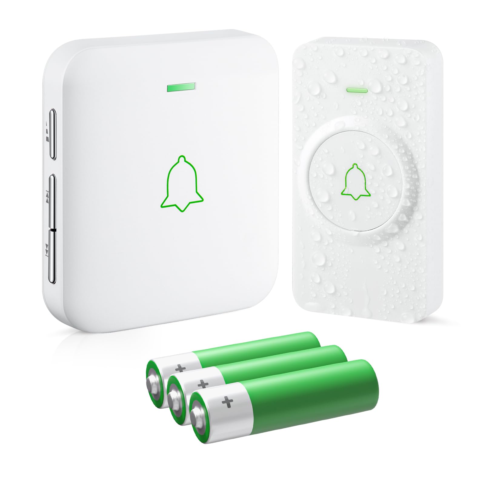 AVANTEK Kabellose Türklingel Batteriebetrieben Weiß, Mini Funkklingel 300M, IP55 Wasserdicht Elektronische Türglocken, 52 Melodien auf 5 Stufen Volumen mit LED-Anzeige, WA-11