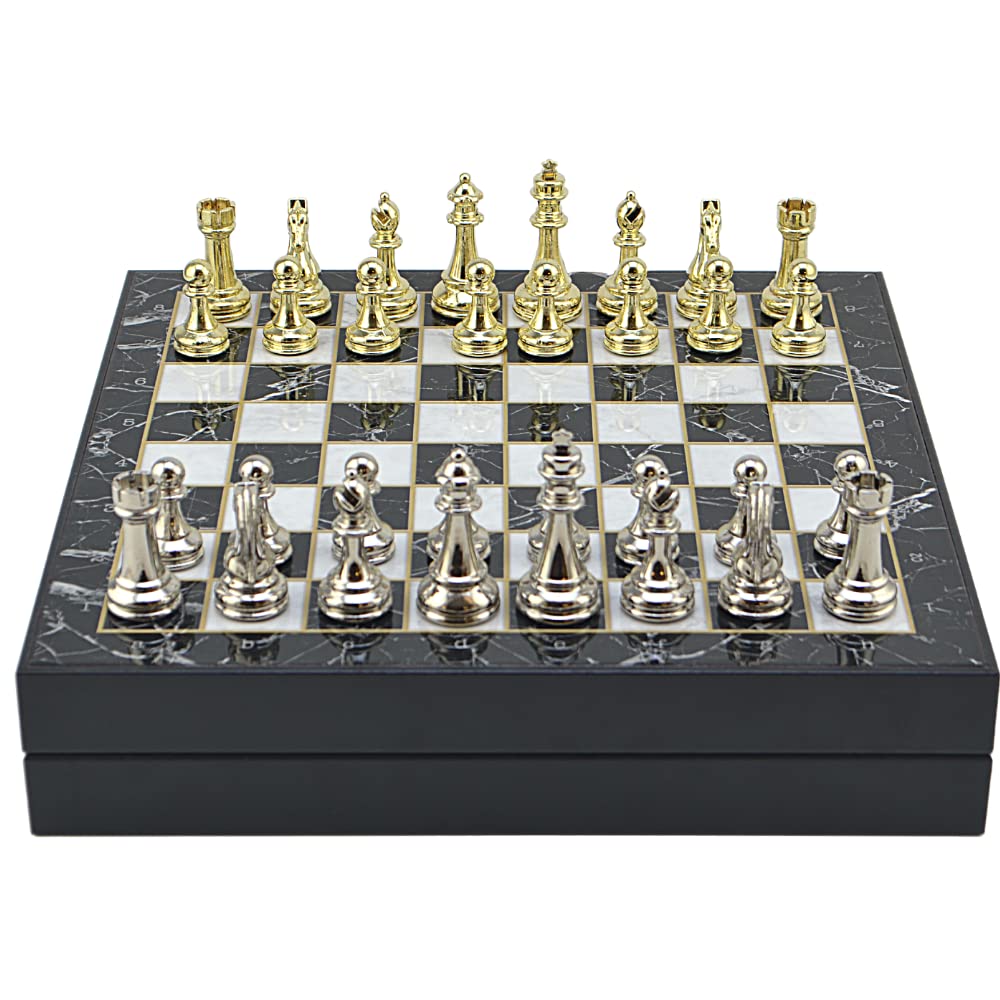 GiftHome Büyük Boy Metal Klasik Satranç Tk. Parlak ve Mermer Desenli Sandıklı MDF Tahtası(36X36X6 cm.)
