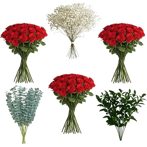 GlobalRose 75 Red Roses with Baby’s Breath, Ruscus & Eucalyptus | Bulk Fresh Flowers for DIY Arrangements, Events, or Gifts