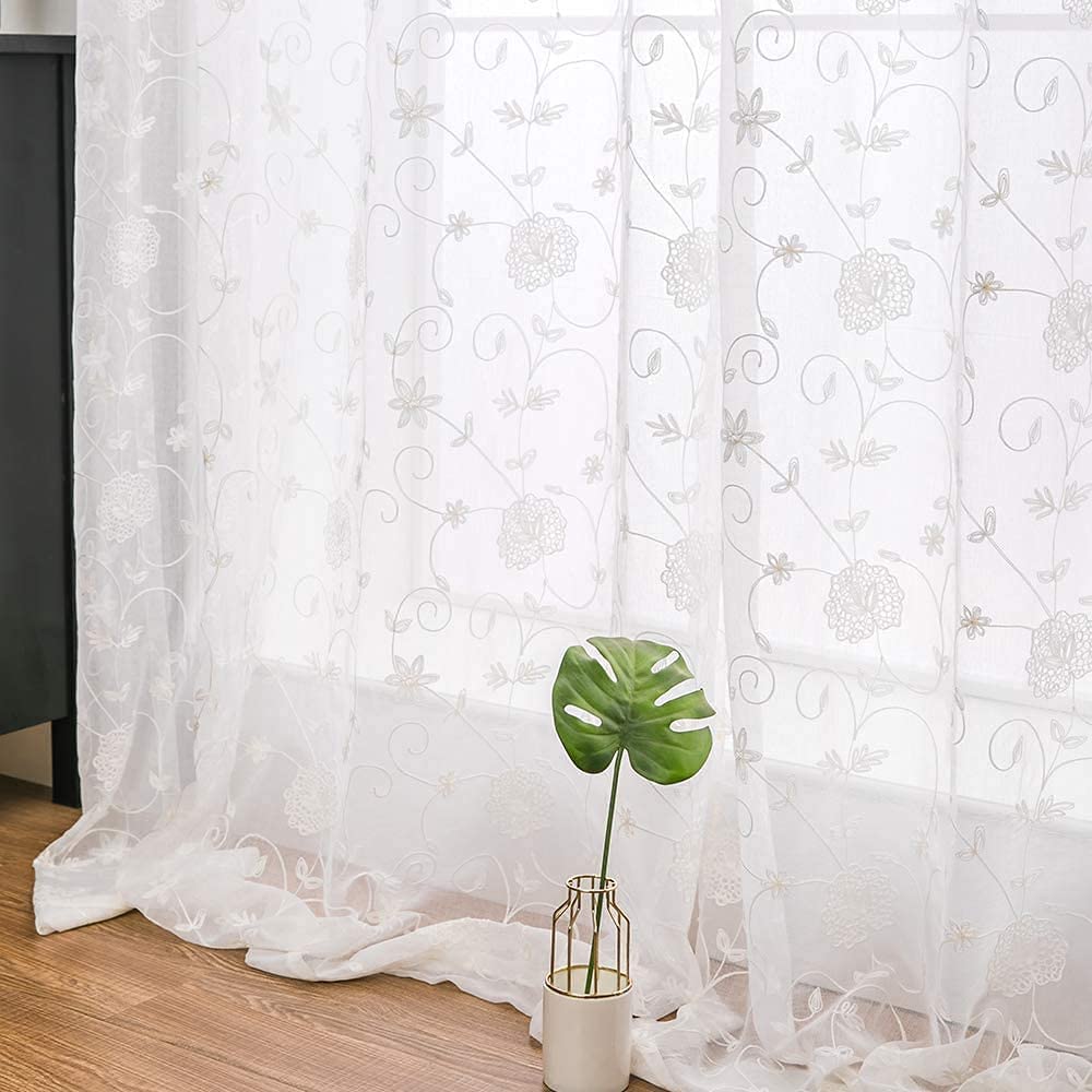 MIULEE 2 Unidades Cortina Visillo Flor Bordado Trans Ojales 140x260 Blanco