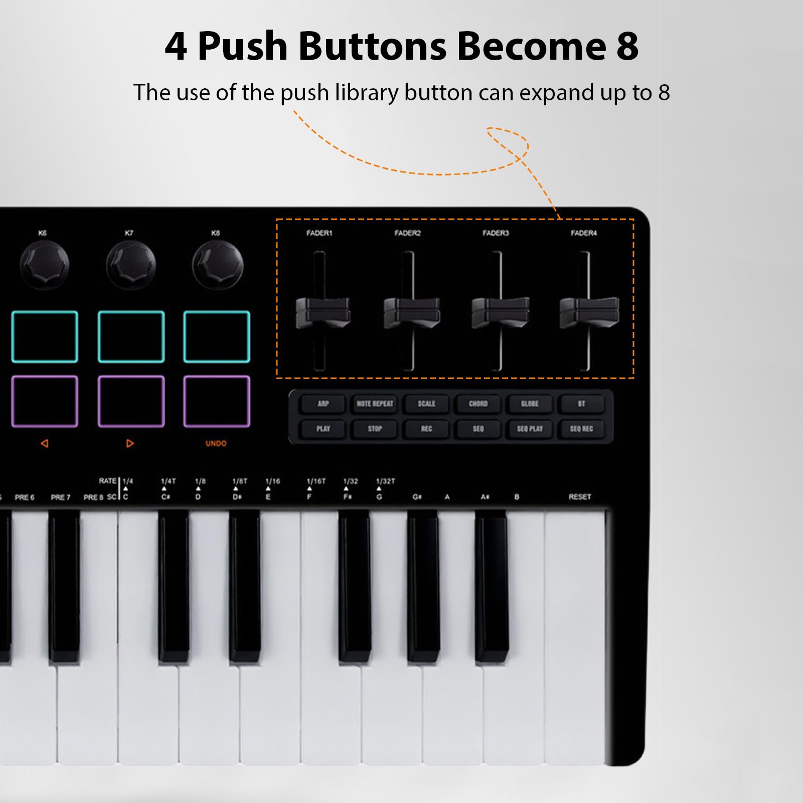 Asixxsix Controlador de teclado MIDI de 37 teclas, 16 pads de batería retroiluminados RGB, teclado dinámico profesional Bluetooth, 8 perillas y producción musical para producción