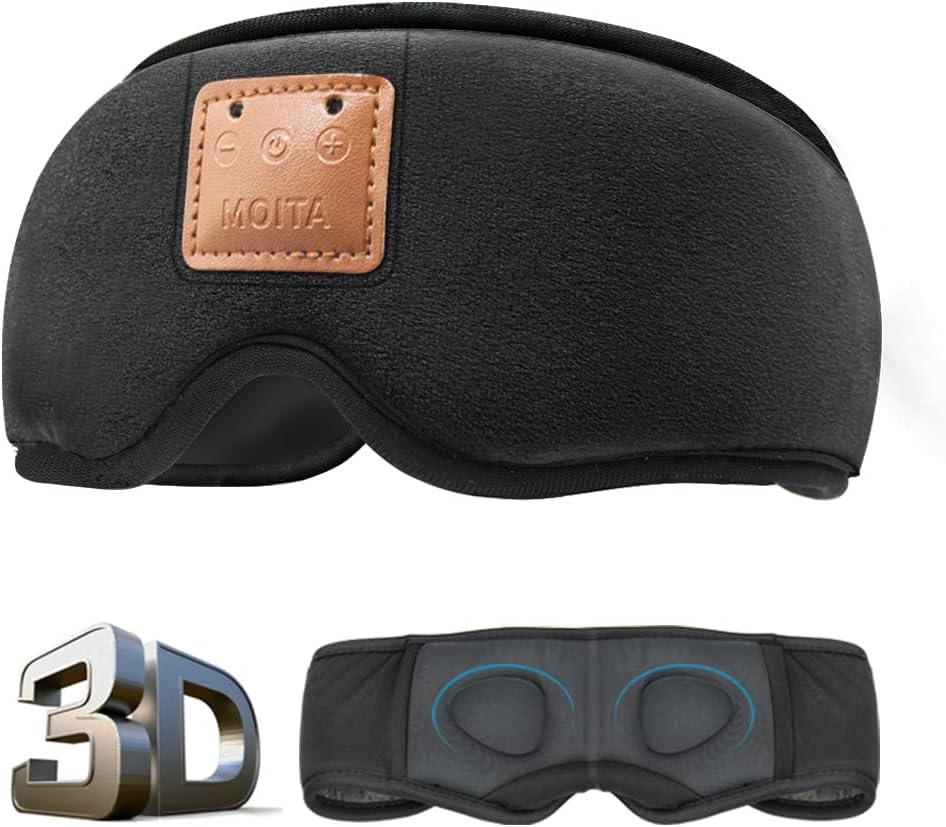 MOITA Sleep Headphones Bluetooth Sleep Mask, 3D Sleeping Eye Mask with Built-in Sponge Speakers, Wireless Bluetooth Headphones Sleep Mask for Sleeping, Napping, Travelling, Yoga, Meditation (Black)
