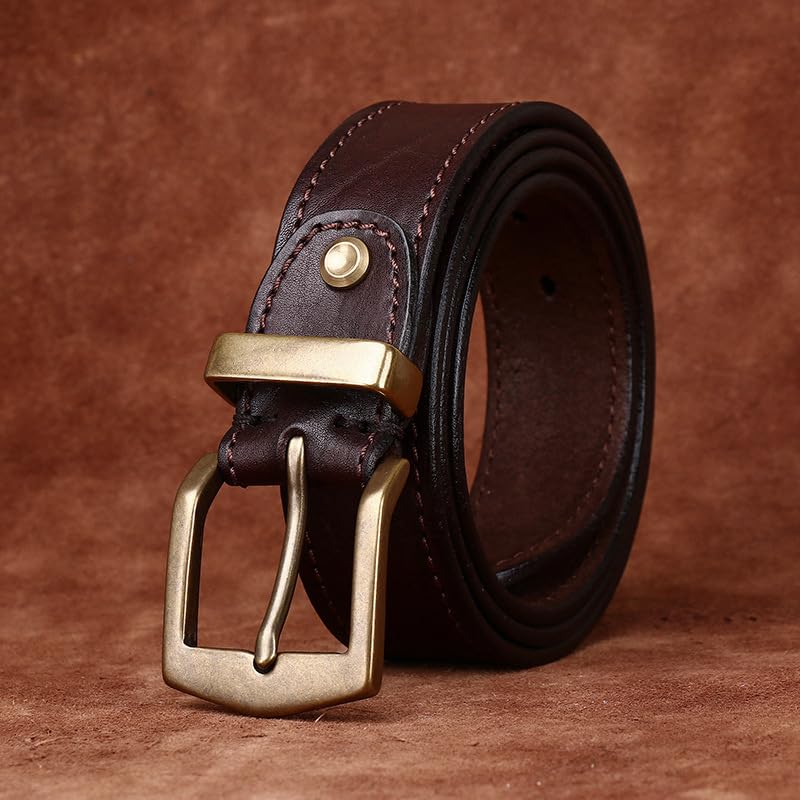 Men's Vintage Distressed 5mm Thick Leather Stitching Belt -1 1/2" Genuine Top Grain Cowhide Texture Embossed Waist Strap(115cm/45, Coffee)4