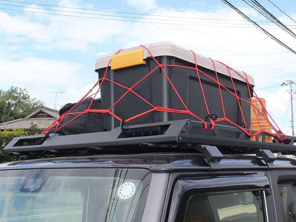 Amazon ハスラー 汎用 天井ルーフネット 90 90cm レッド 荷物落下防止 固定フック8個 伸縮性 ルーフキャリアネット カーゴネット 車 バイク 車 バイク