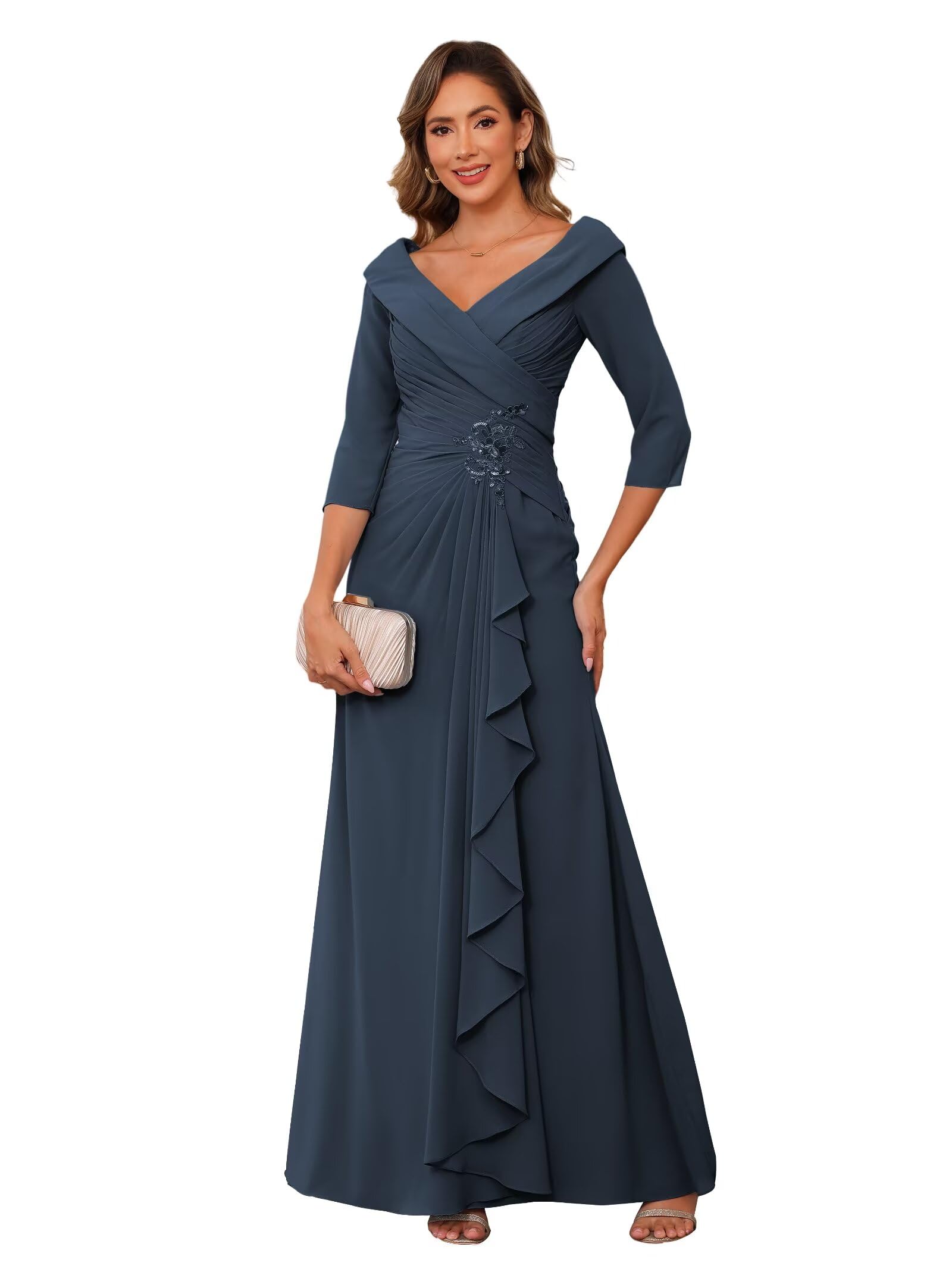 RSOETOO Chiffon Mother of The Bride Dresses for Women Long 3/4 Sleeves Applique Formal Mother Groom Dress RON074