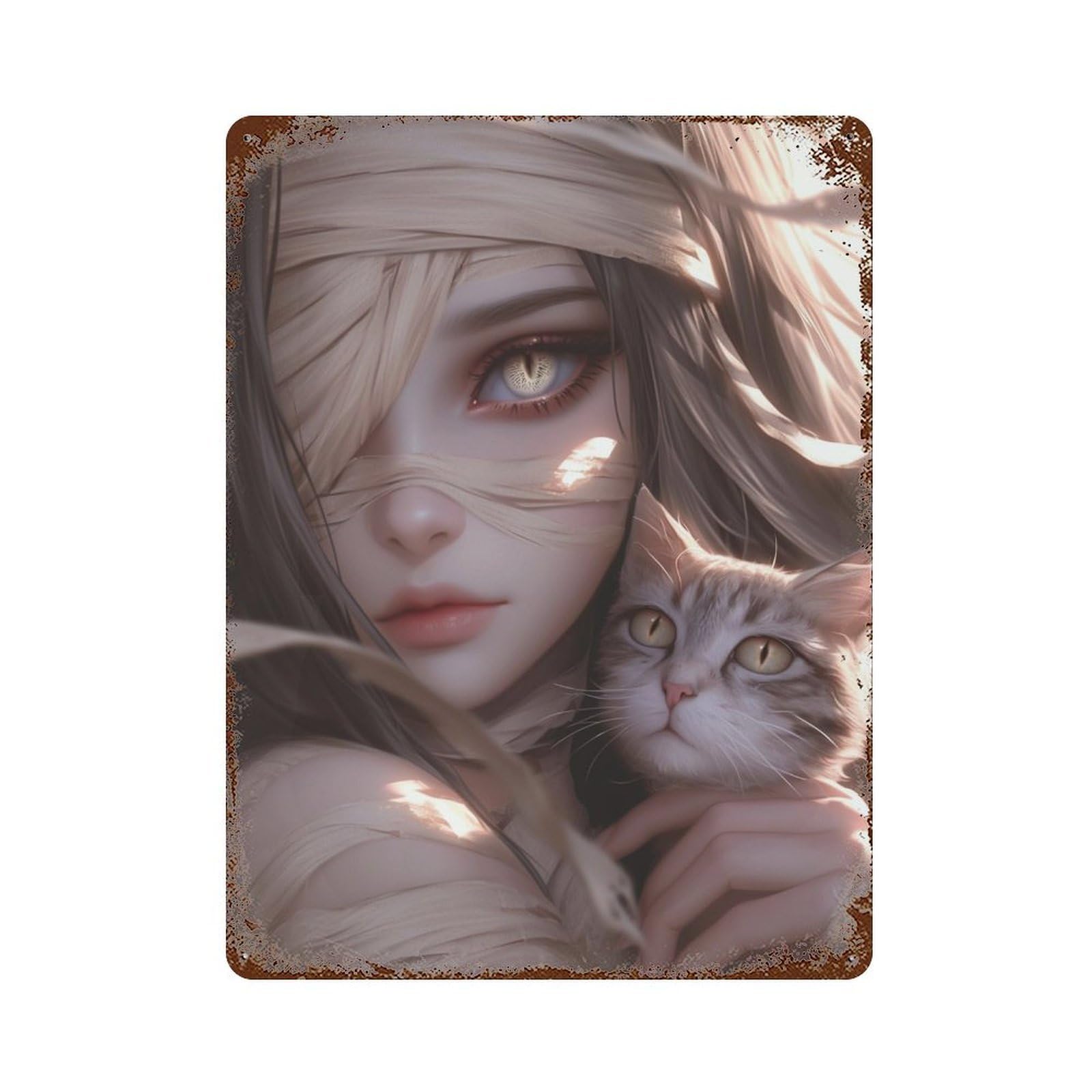 Ethereal Beauty with Feline Companion Rusty Metal Tin Sign 15.7"x11.8", Ideal for Farmhouse, Kitchen And Entryway Decor