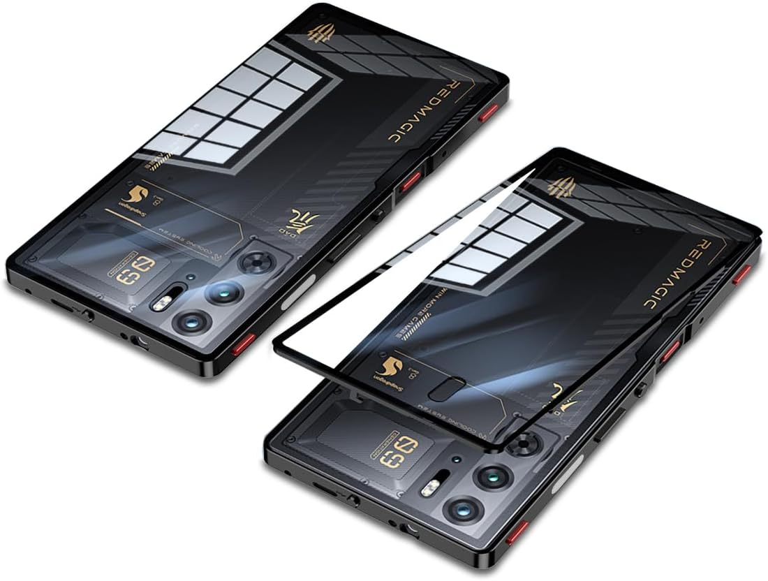 QUIETIP Case Compatible with Red Magic 9 Pro & 9S Pro with Screen Protector,Metal Frame + Clear Tempered Glass Back Cover,Black