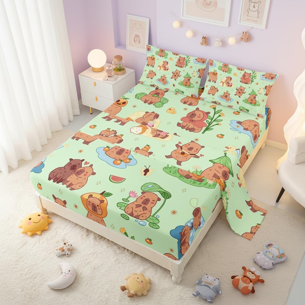 AILONEN Kawaii Capybara Fitted Sheet Set Queen Size, Boys Girls Cartoon Cute Capybara Bedding Set for Kids Teens,Grass Green Bed Sheet Set,4Pcs,1 Flat Sheet + 1 Fitted Sheet + 2 Pillowcases