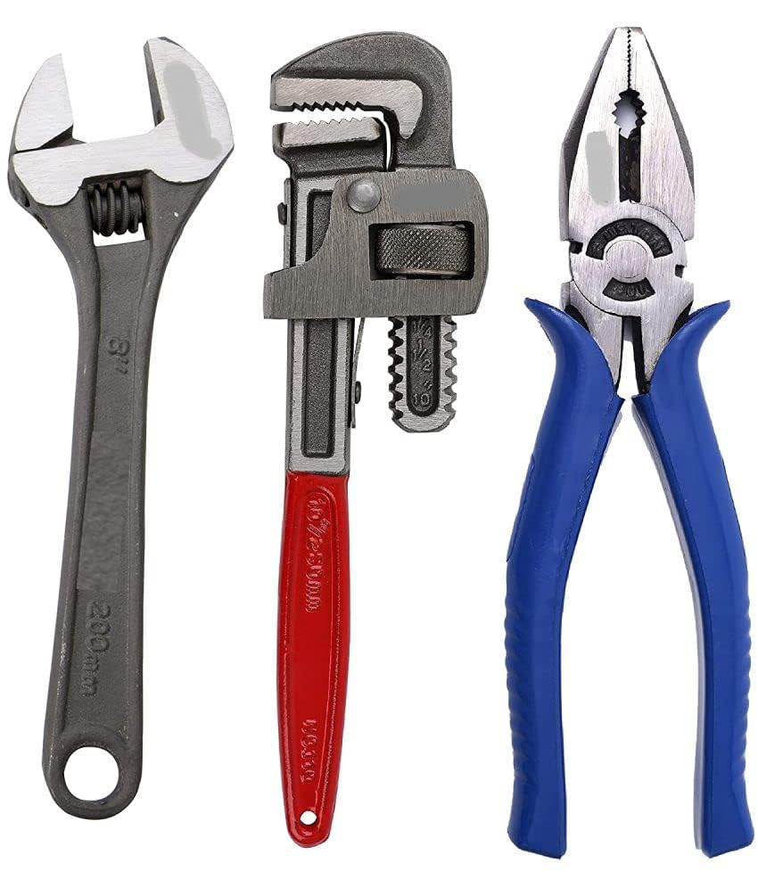 AGAM Combo Pack of 3 Tool Kits Set for Home | Includes 8-Inch Adjustable Spanner, 8-Inch Combination Plier, and 10-Inch Pipe Wrench | High-Performance Hand Tools for Plumbing, Repair