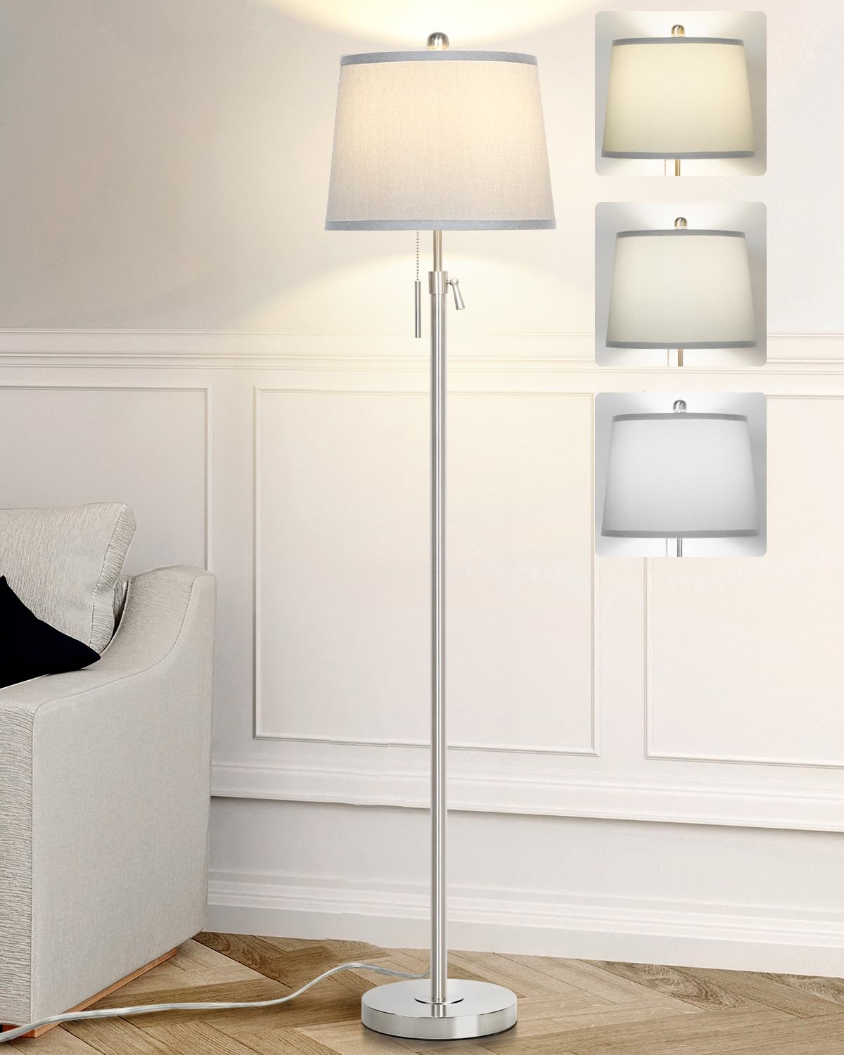 Qingmiao Stehlampe Wohnzimmer - Silber Modern Stehleuchte Standleuchte | 140-165cm höhenverstellbare Leselampe mit Leinen-Lampenschirm, 3 Farbtemperatur, E27 Fassung, 9W Glühbirne inklusive