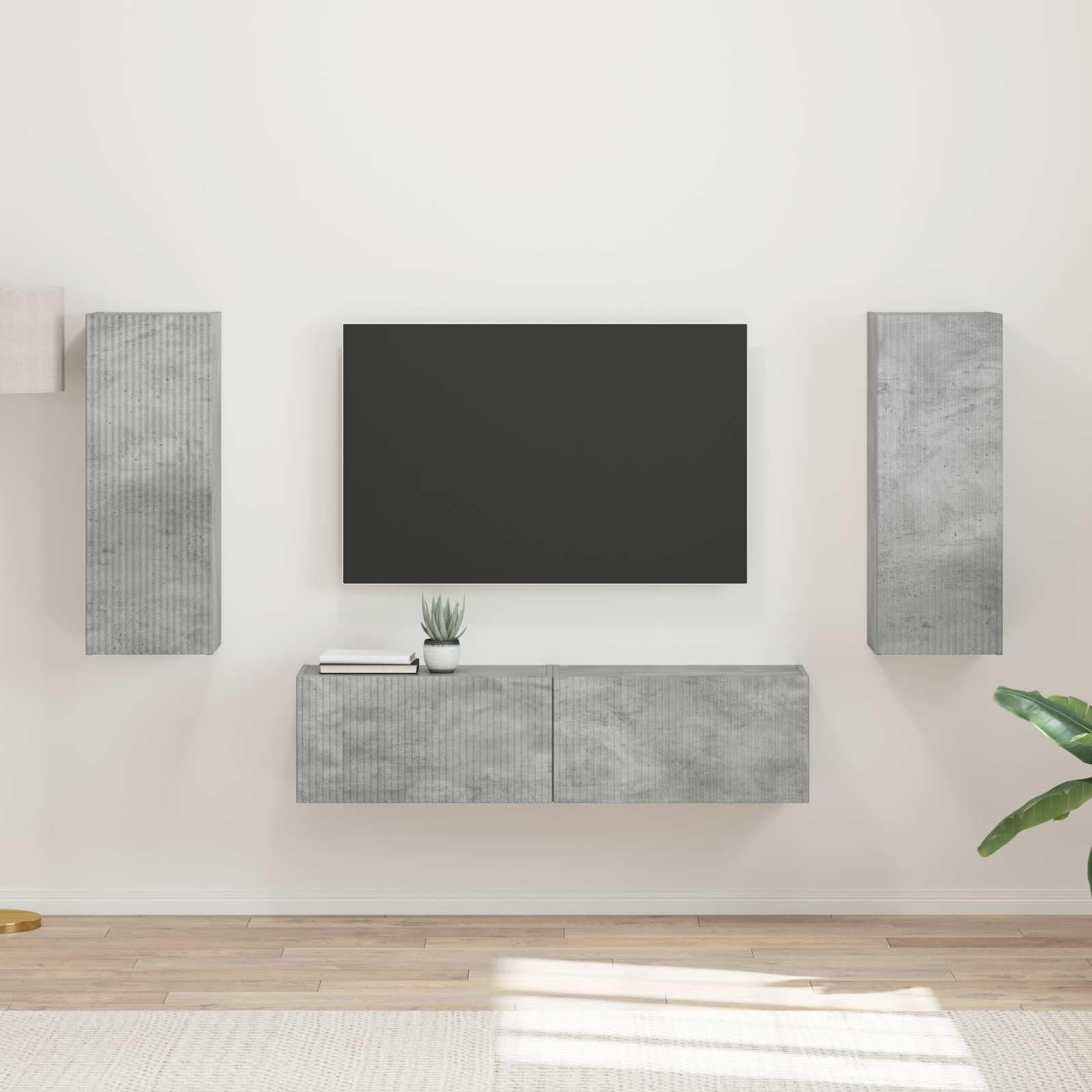 TV-Schrankset Wandmontiert 2-teilig, Beton Grau Holzwerkstoff, Modernes Media Center für Wohnzimmer, Elegante Aufbewahrung, Platzsparend