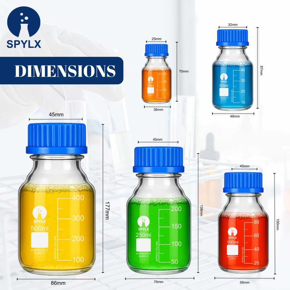 SPYLX 250ml Glass Reagent Bottles – Set of 2 with Leak-Proof GL-45 Screw Caps | Durable Borosilicate Storage for Lab Chemicals, Solvents, Oils, and Scientific Use