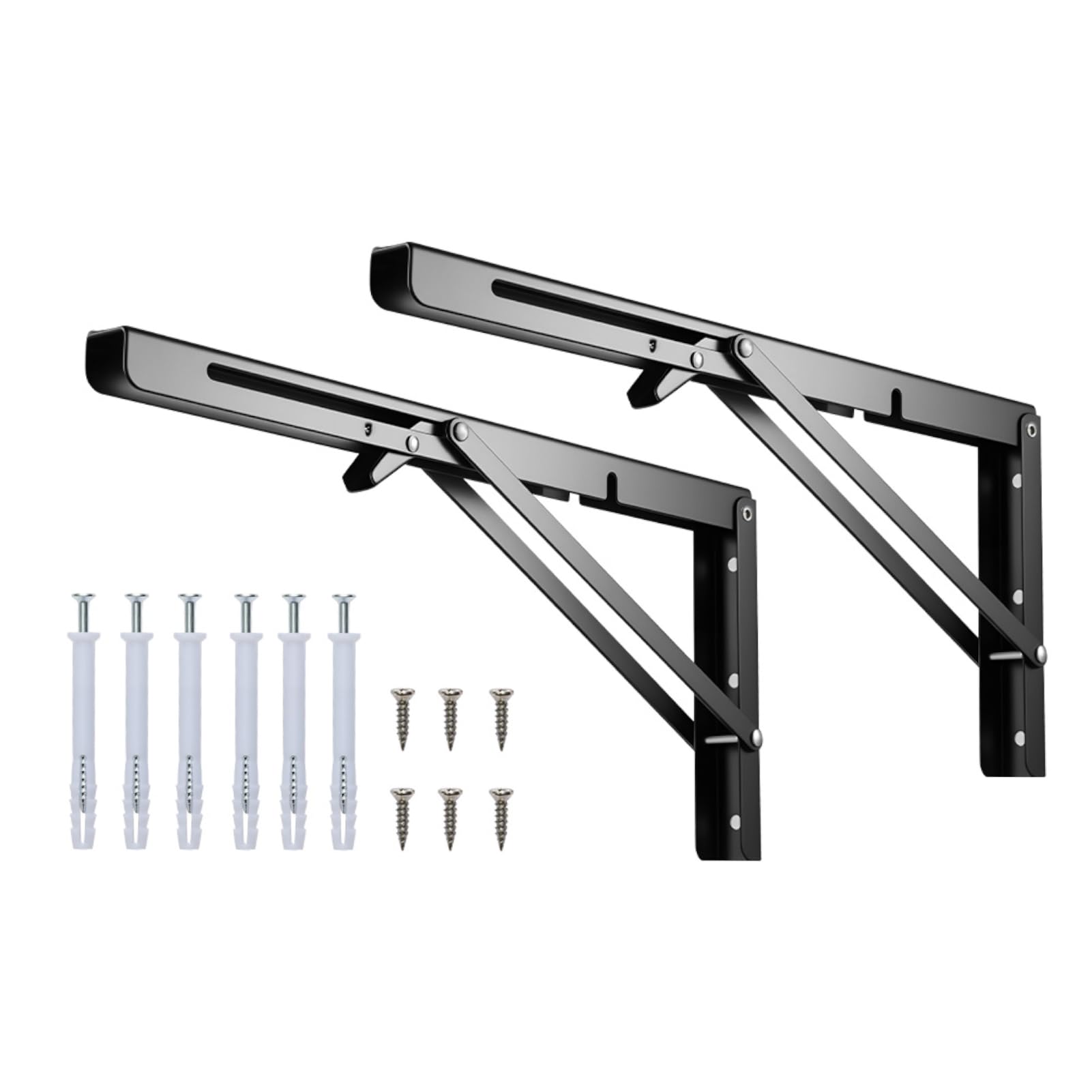 FERNVALE 2 Pcs Folding Shelf Brackets Foldable Wall Mounted Collapsible L Bracket Triangle Shelf Support Space Saving Metal Hinge for Table Workbench Bench Kitchen Garage Black (16-Inch)