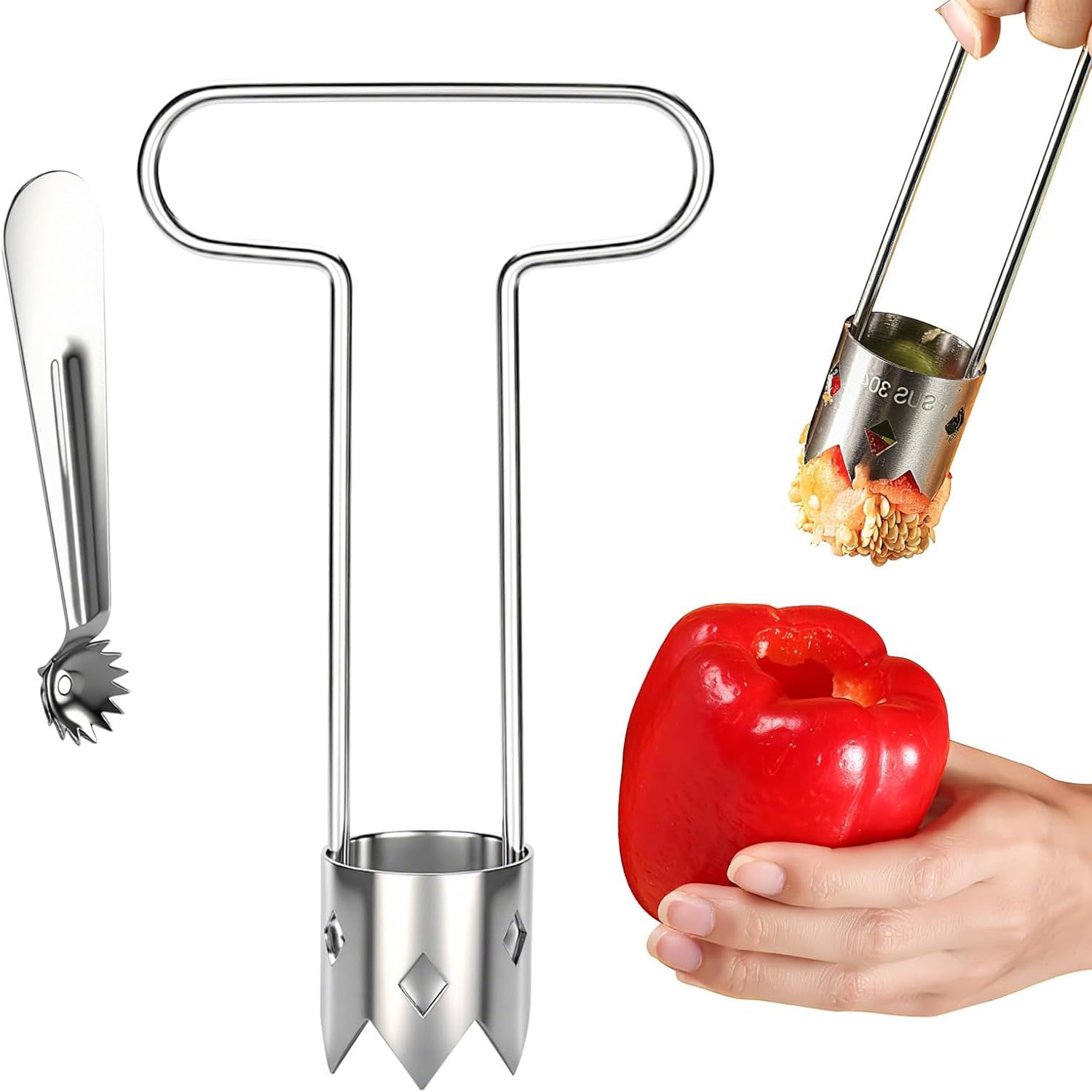 Zheigaoxea Red Bell Pepper Seed Corer - Fruit Vegetable Stem Remover for Pepper Pineapple Pear Apple Tomato, 304 Stainless Steel Rust Resistant, Easy to Use & Clean Kitchen Gadgets Tool (1 Set)