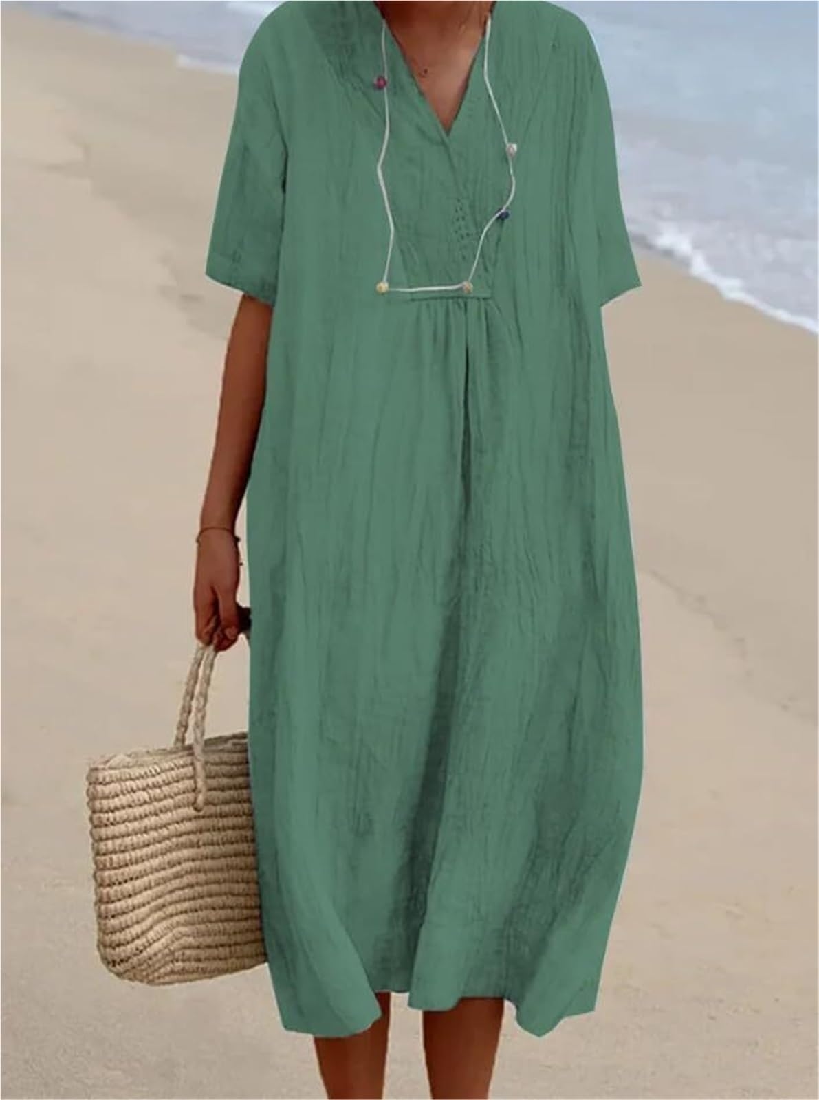 Amazon.com: 2025 Women's Cotton Linen Midi Dress Summer Beach Casual Gauze  Dresses V Neck Shift Dress Loose Fit Trapeze Dress(Green02,Large) :  Clothing, Shoes & Jewelry