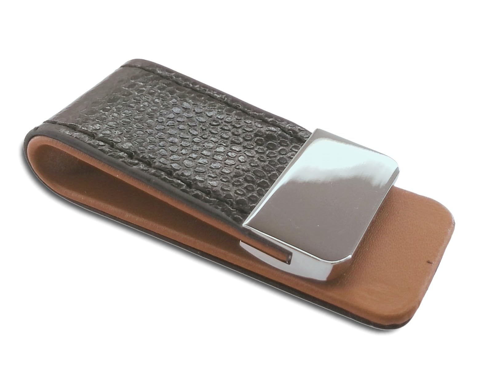 Fa.Wessel Leather Clip Case with Stainless Steel, Schw/Braun, Money Clip