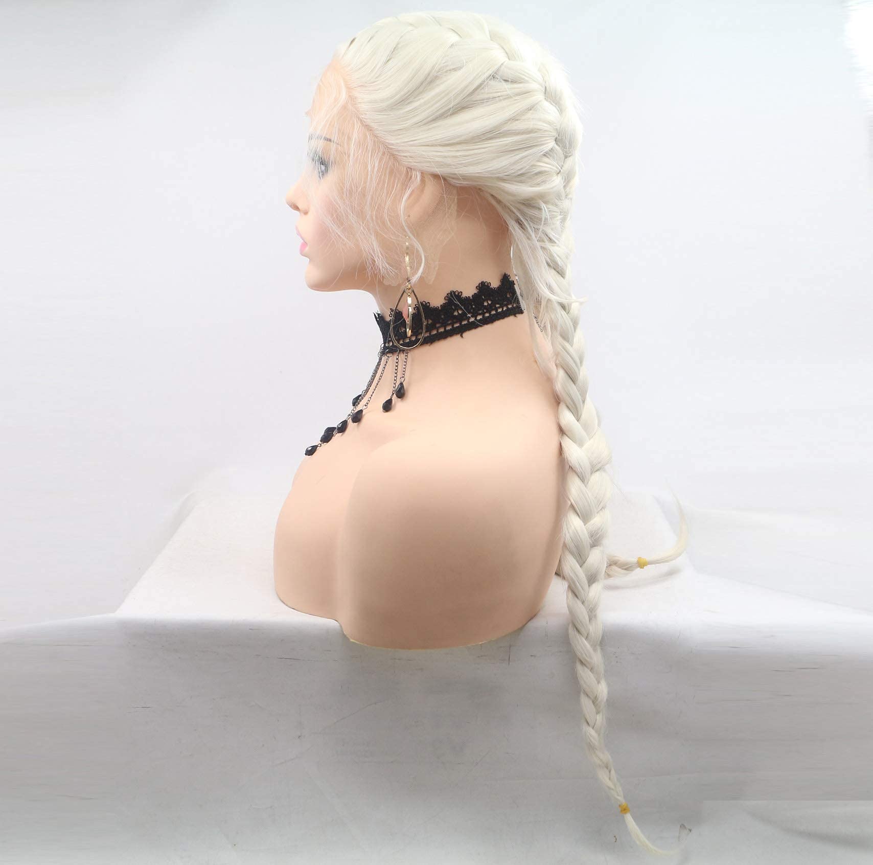 xiweiya Braided Wig Blonde White Double Braids Synthetic Lace Front Wig with Baby Hair Platinum white Heat Resistant Fiber Middle Part for Women Cosplay Makeup 24 Inches - Image 4