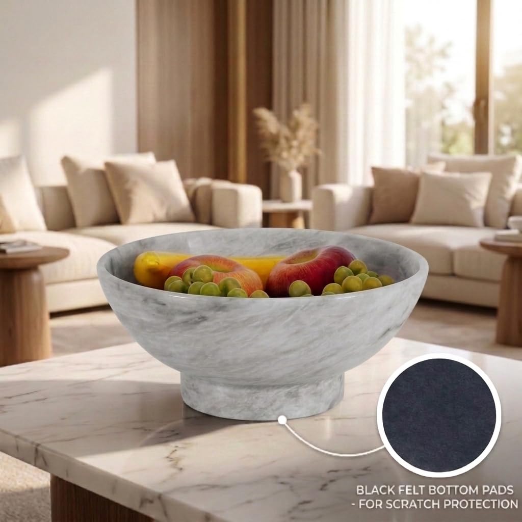 MARBLE RANGE Frutero blanco de piedra hecha a mano de 10 pulgadas para encimera de cocina, mesa de comedor y decoración del hogar | Bandeja decorativa para servir frutas, aperitivos y organizador de