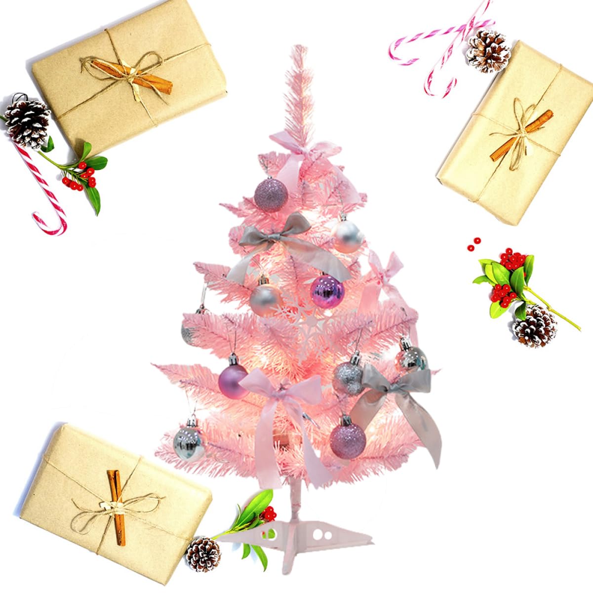 LABRIMP Weihnachtsbaum mit Led-Beleuchtung Rosa Tischdeko Weihnachtsschmuck für Wohnungen Geschäfte Büros Weihnachtsbaum-Dekoration ohne Batterie