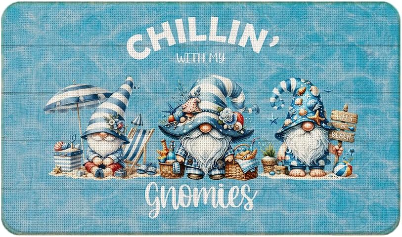 Chicimln Blue Beach Gnome Door Mat, Coastal Summer Gnomes Non-Slip Linen Doormat Outdoor Indoor Entrance, Ocean Nautical Welcome Mats Rugs for Entryway Front Door Porch, 17x30 Inch