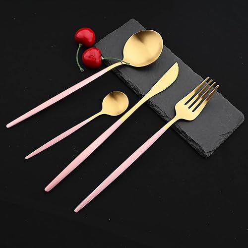 Miniatura 3 de JASHII Juego de cubiertos de 24 piezas, color rosa y dorado, juego de cucharas y tenedores para cuchillos, servicio para 6, con caja premium,