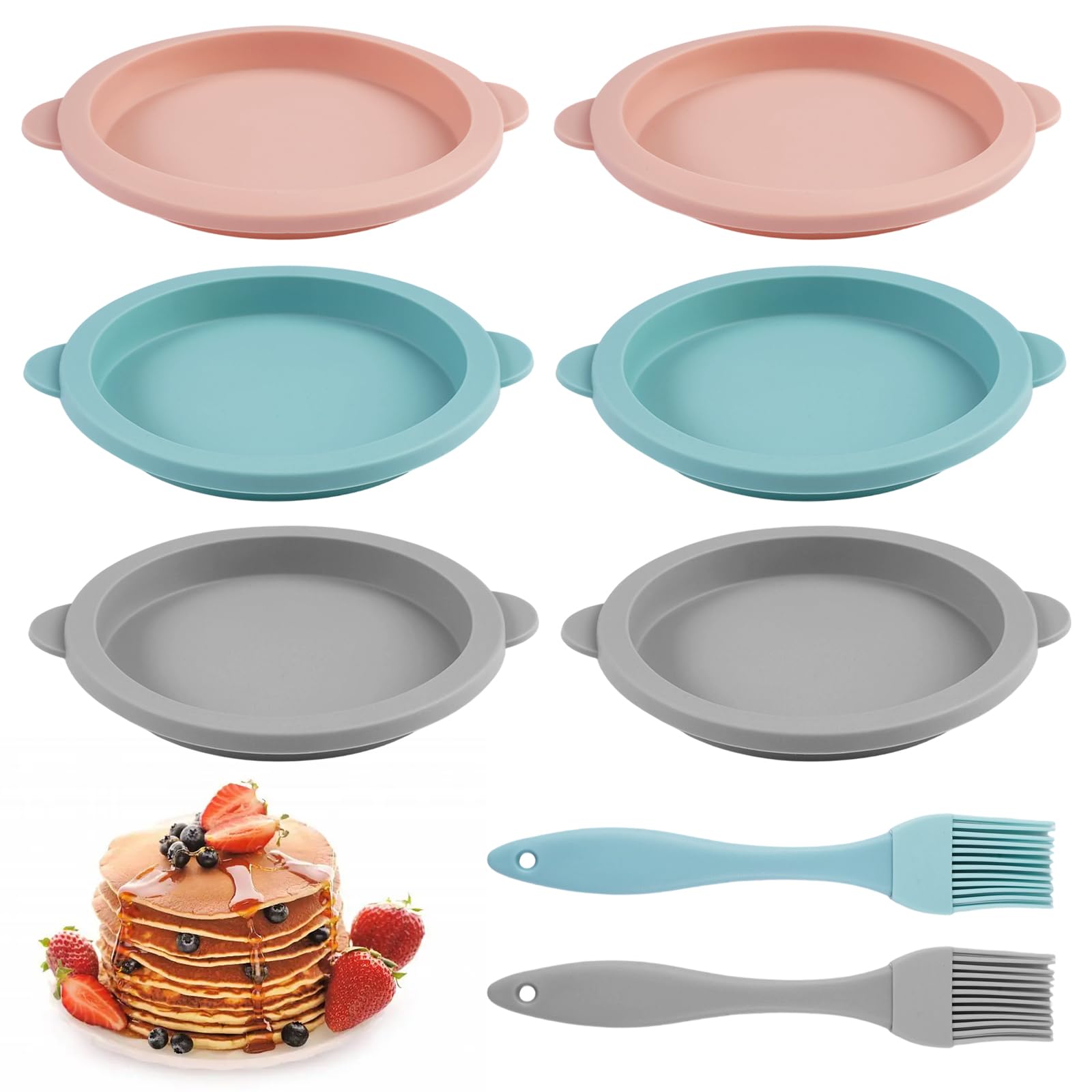 6 Piezas Molde Silicona Huevos Freidora de Aire con 2 Cepillo de Silicona, 10 cm Molde Redondo de Silicona para Tartas, Recipiente Air Fryer para Tapas de Muffins, Tostadas, Sándwiches