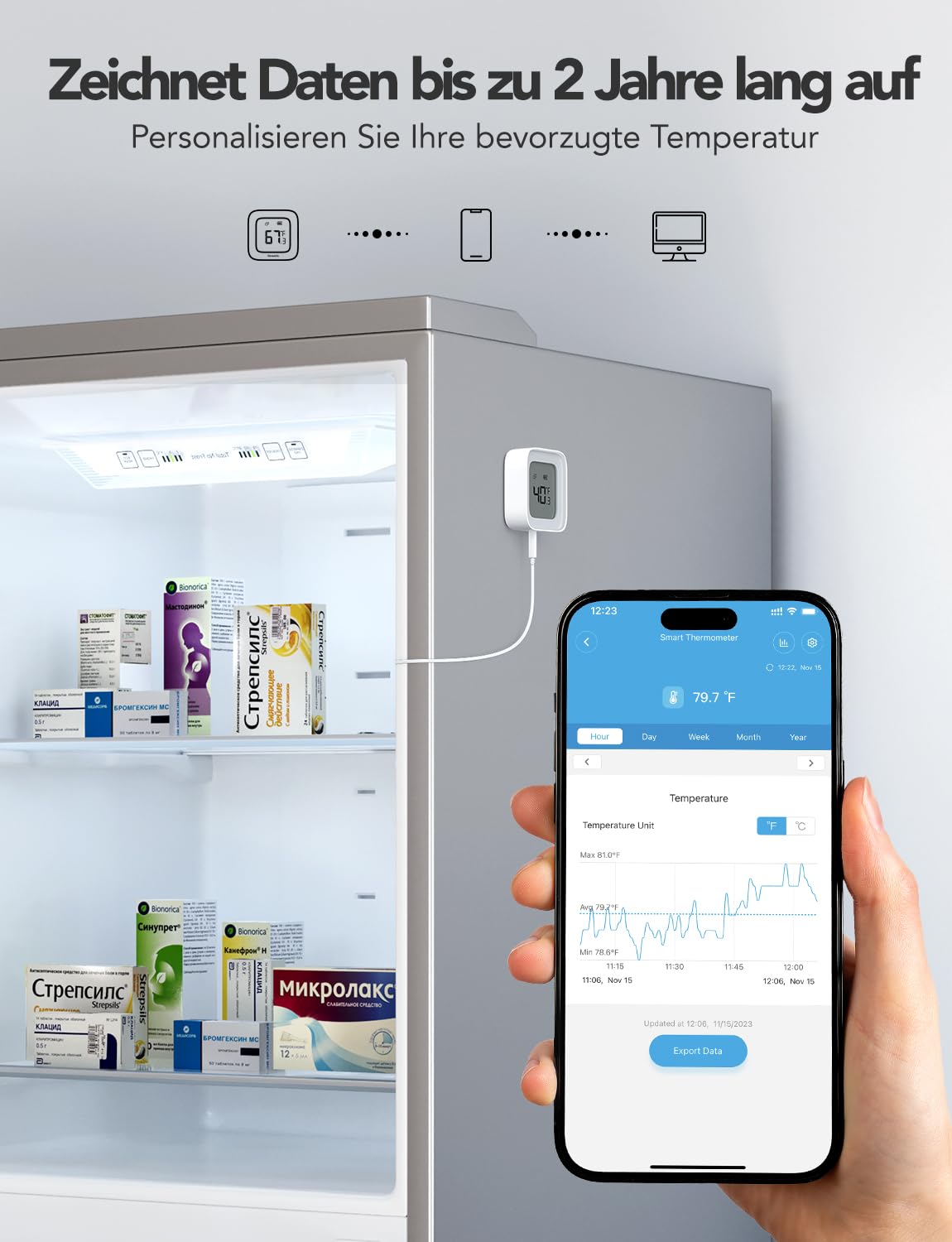 GoveeLife WLAN Kühlschrank Thermometer Digital mit Alarm, Kabellosem Funk Gefrierschrank Thermometer mit App, LCD-Display, 2 Jahre Datenexport, für Kühlschränke, Gefrierschränke, Aquarium