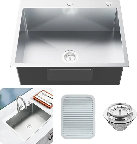 Kitchen Sink, Stainless Steel 27 x 22 Inch Drop In Kitchen Sink Single Bowl Top Mount Kitchen Sink Set - Silicone Mat And Drain Assembly For Modern Kitchen Stylish and Functional