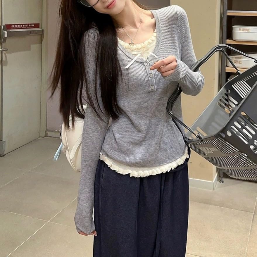 Women Coquette Long Sleeve Shirts Cute Lace Ruffle Bow Tie Cropped Sweater Y2K Fairy Grunge Vintage Y2K Top Baby Tees - Image 6