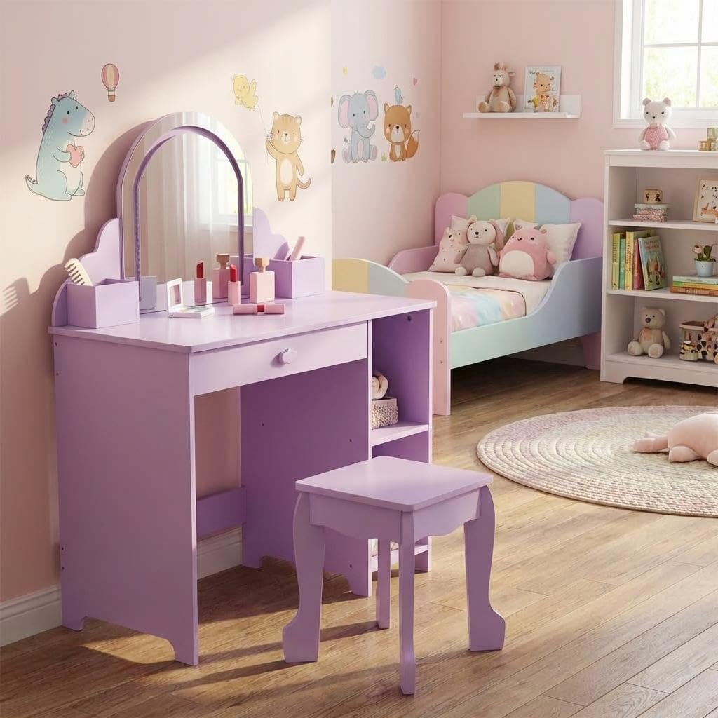 GAOMON Kids Vanity Table & Stool Set with LED Lighted Mirror – 2-in-1 Makeup & Study Desk – Drawers & Open Shelves – Bedroom Furniture for Girls Ages 3-9 – Pink (with Accessories)